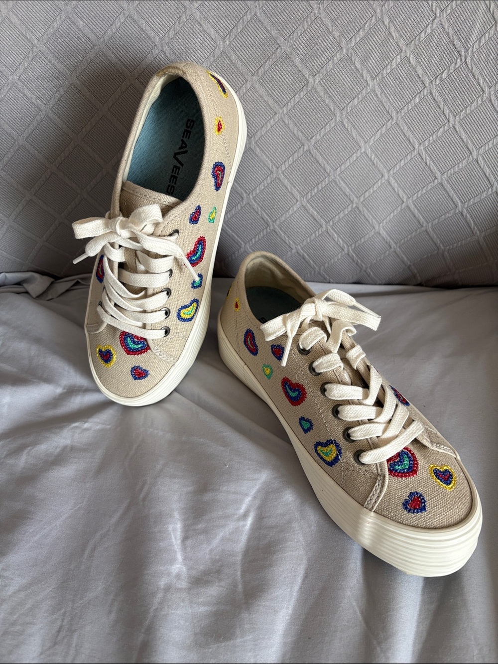 SeaVees Women’s Cream Canvas Sneakers with Rainbow Heart Embroidery New